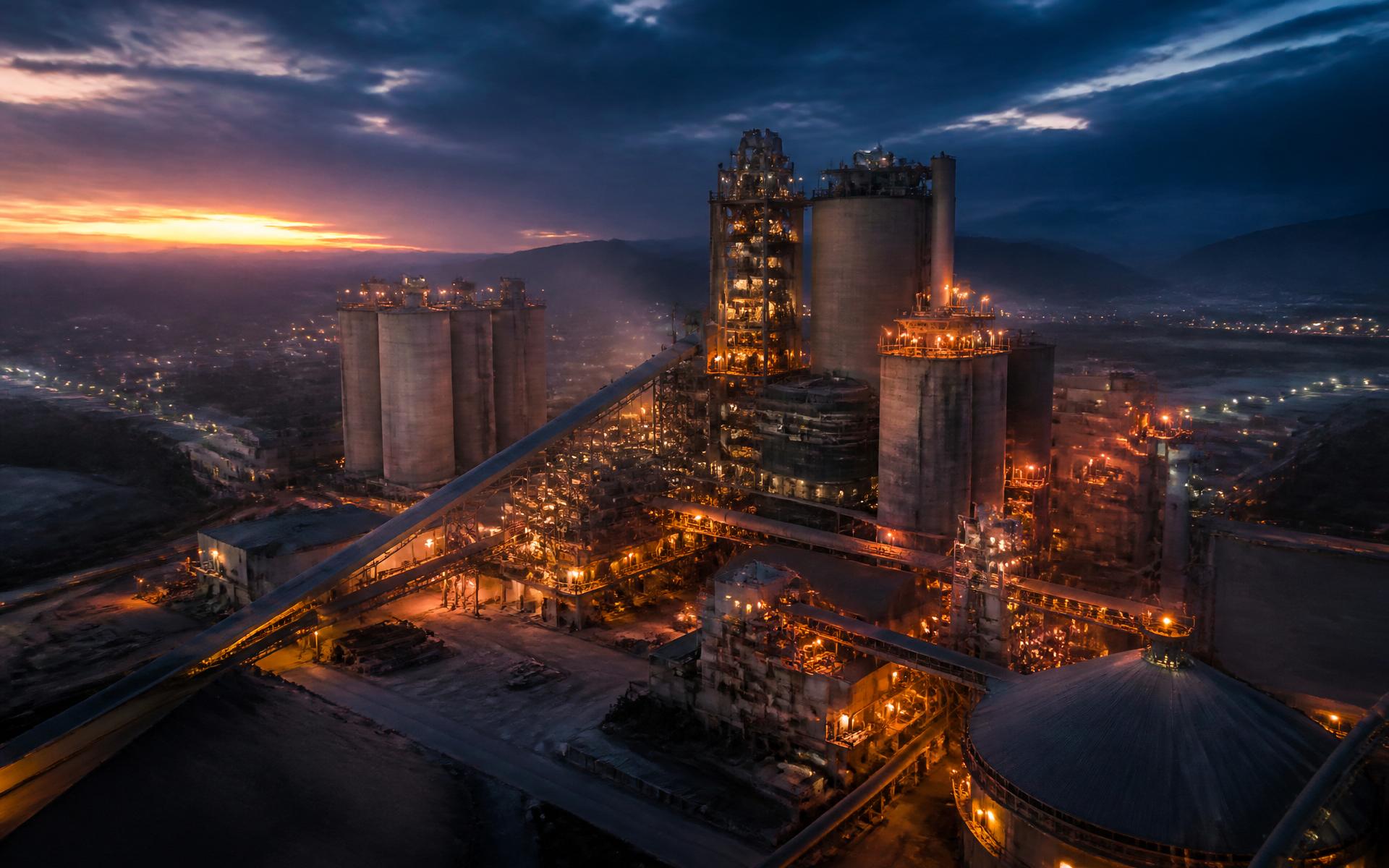 Ashtech industrial cement plant at dusk