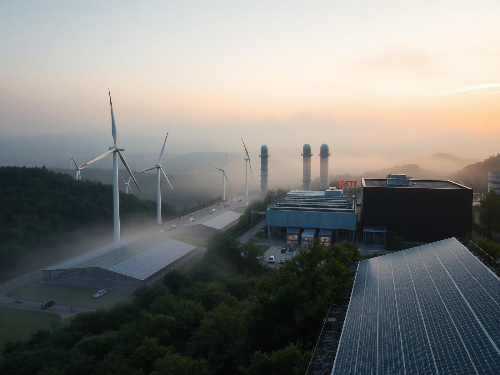 Wind turbines and solar panels at dawn
